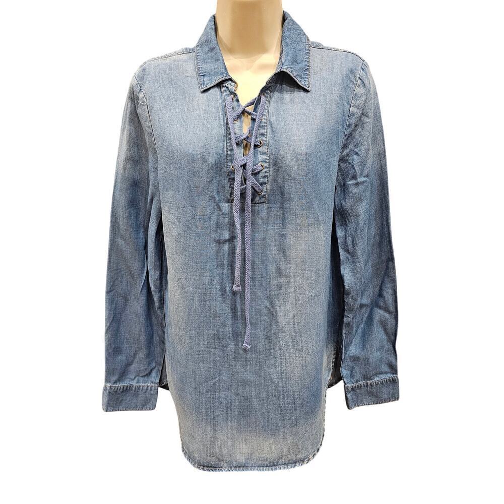 NWT 100% lyocell chambray Chelsea Theo lace up collar tunic top long sleeve M